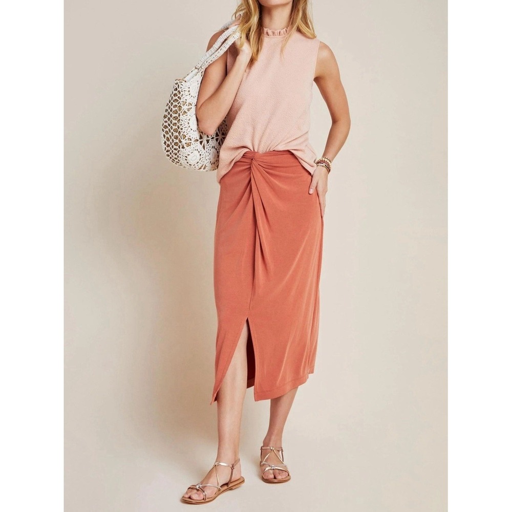 By Anthropologie Junie‎ Twist Midi Skirt Terracotta Rust Size Medium Slit